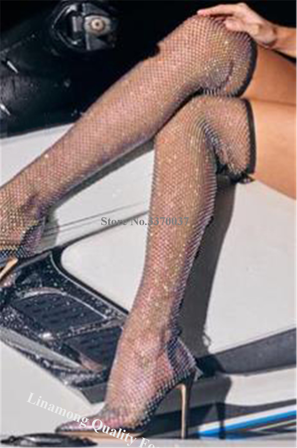 Linamong أحجار الراين شبكة طوي - مراجعة Knee High Sock Women وسعره
