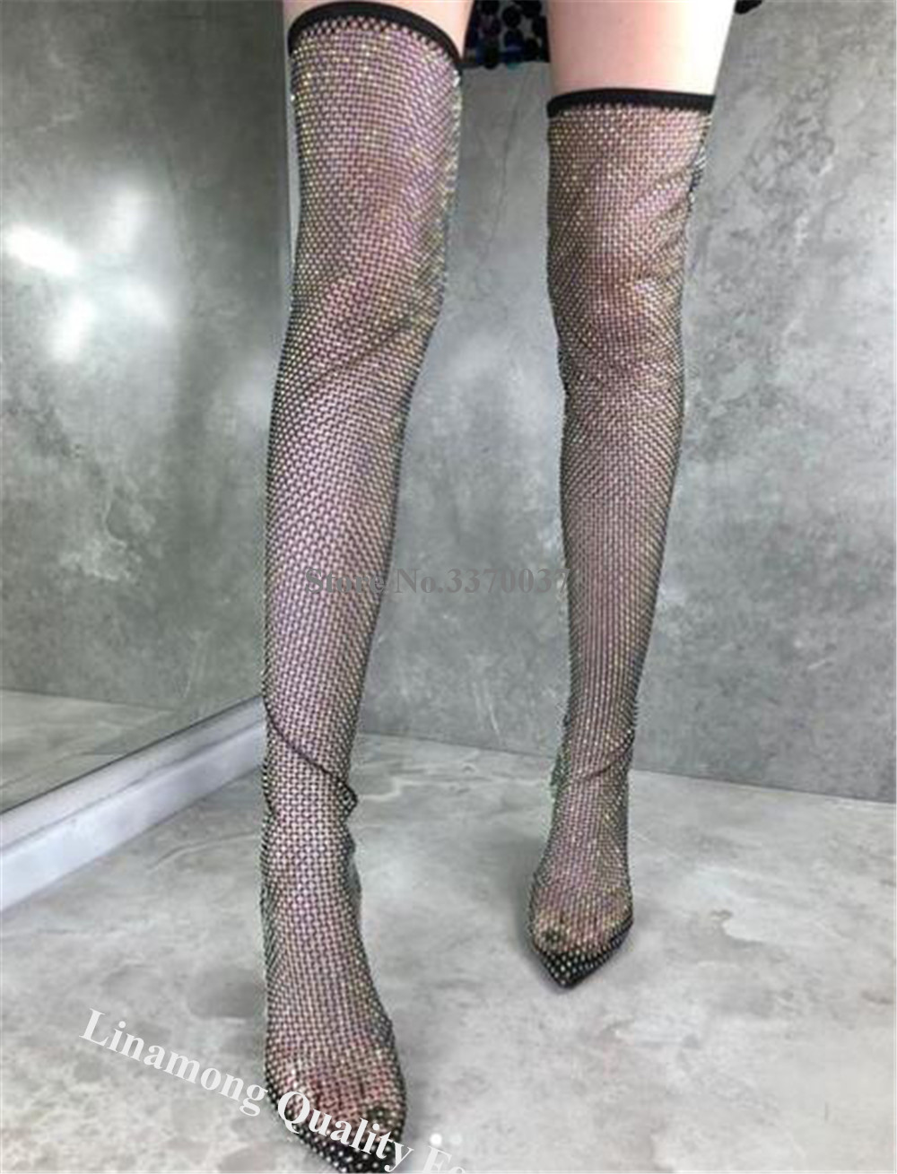 Linamong أحجار الراين شبكة طوي - مراجعة Knee High Sock Women وسعره